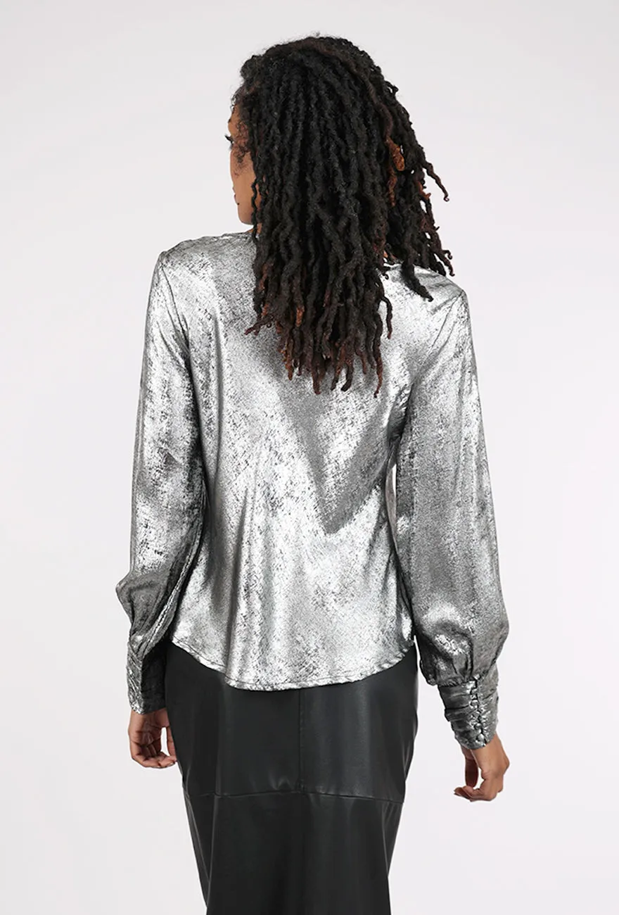 Shimmer Cowl Blouse, Silver Black Button-up