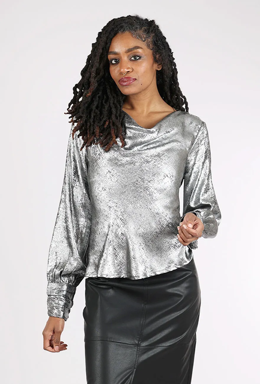 Shimmer Cowl Blouse, Silver Black Relaxed Comfort
