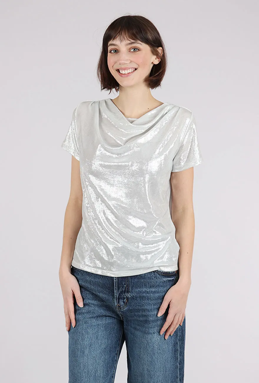Shimmer Drape Neck Top, Silver Stretchy Material cashmere texture