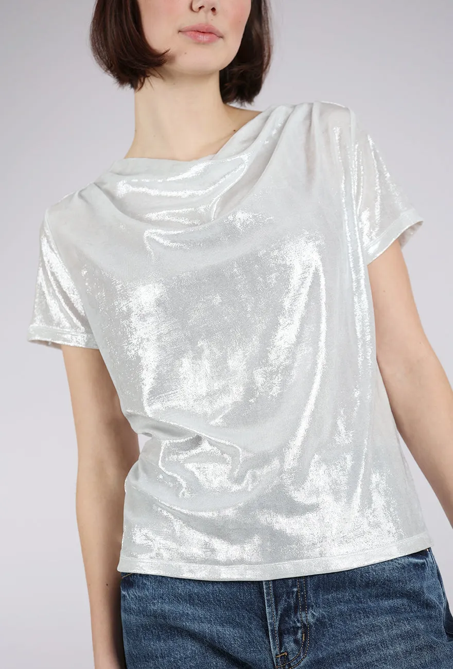 Shimmer Drape Neck Top, Silver Snug Knit