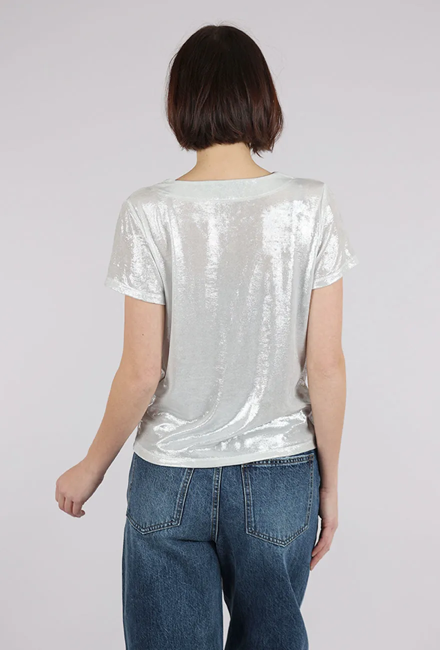 Shimmer Drape Neck Top, Silver Snug Knit