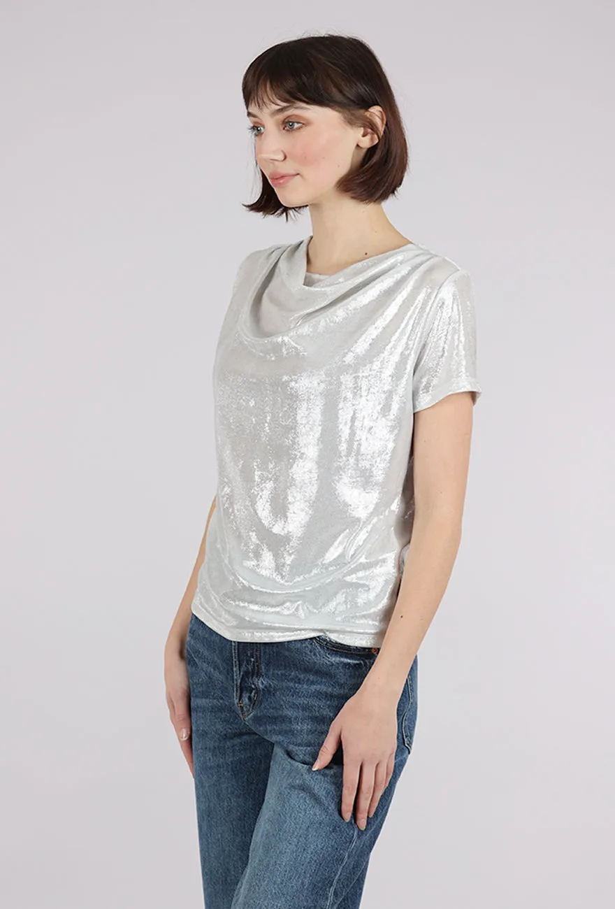 Shimmer Drape Neck Top, Silver Snug Knit