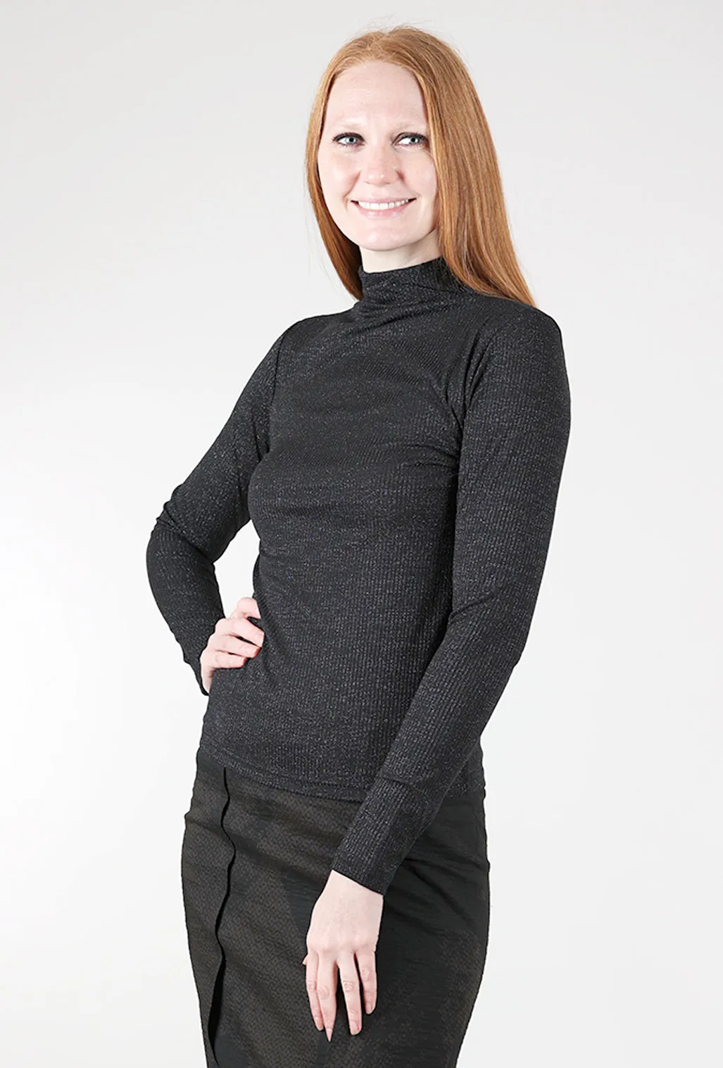 Shimmery Ribbed Mock Neck, Black Cozy Texture