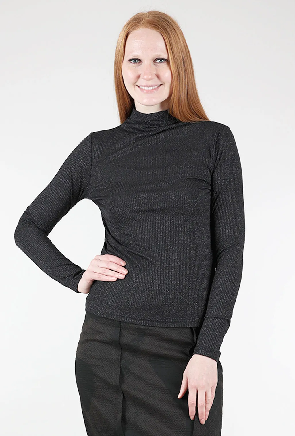 Shimmery Ribbed Mock Neck, Black thin texture handsome style