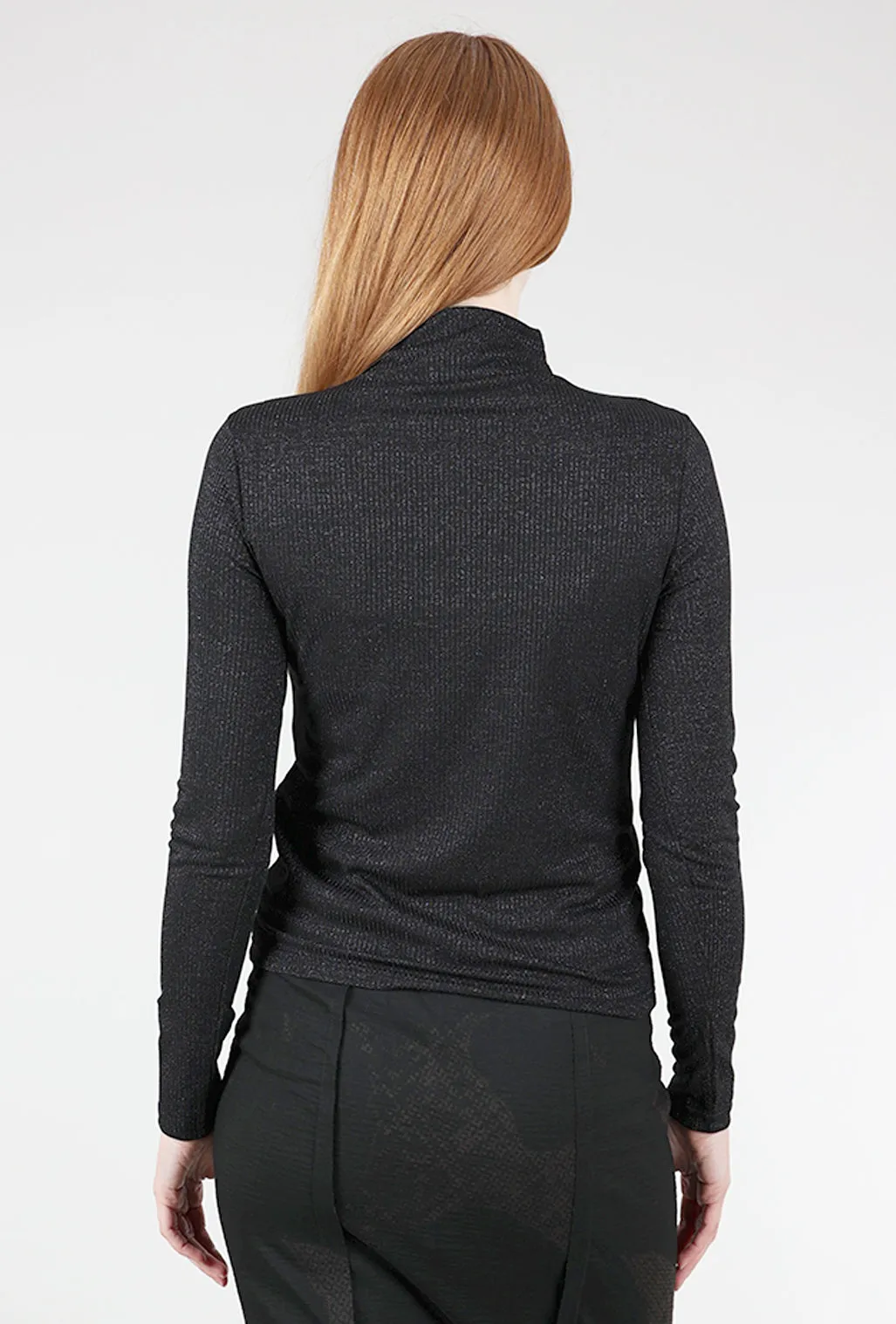 Shimmery Ribbed Mock Neck, Black Cozy Texture