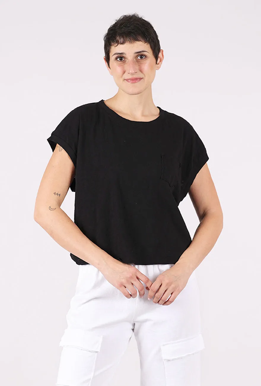 Short Dolman Step Hem Tee, Black Organic Cotton