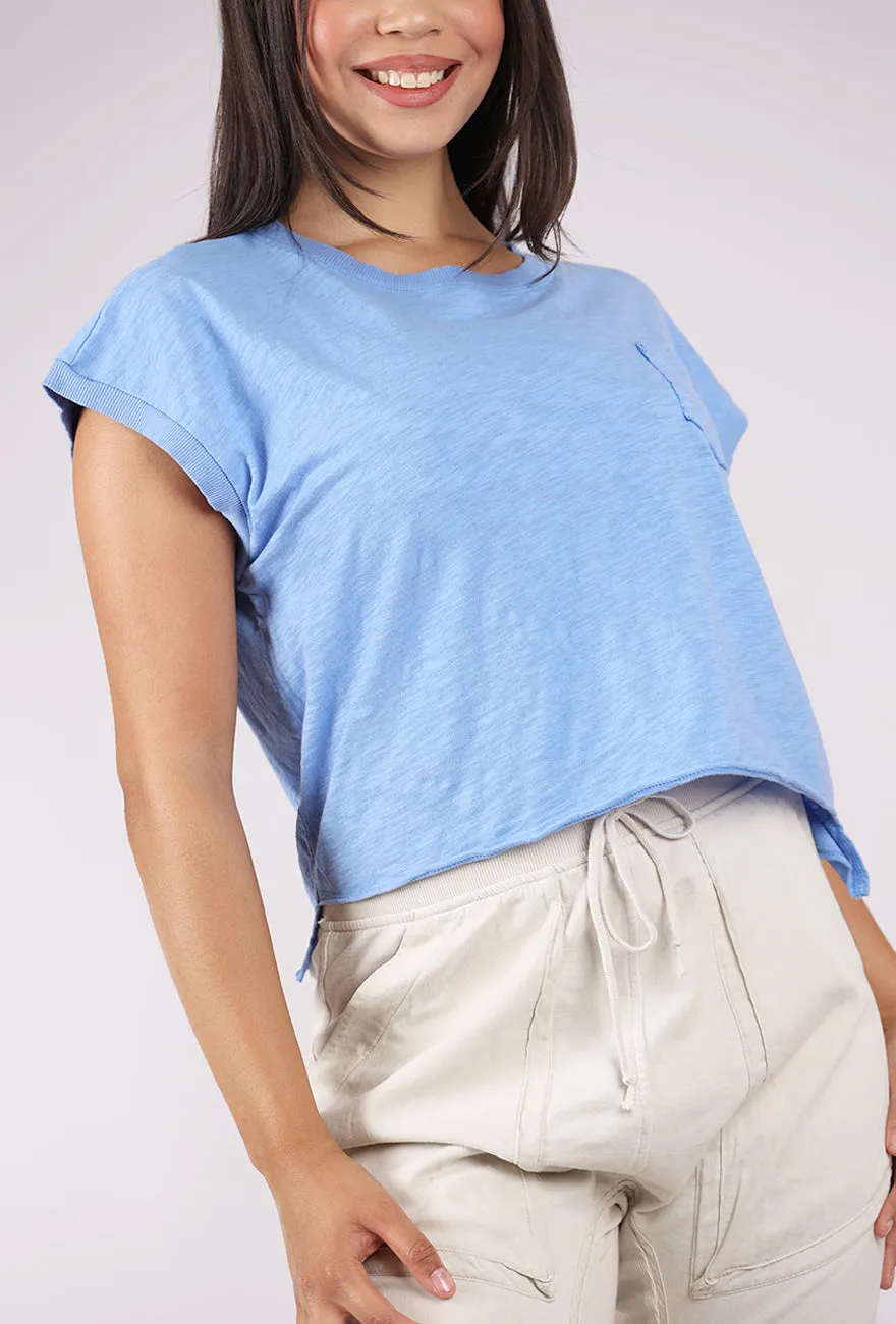 Short Dolman Step Hem Tee, Ocean Stretchable Material
