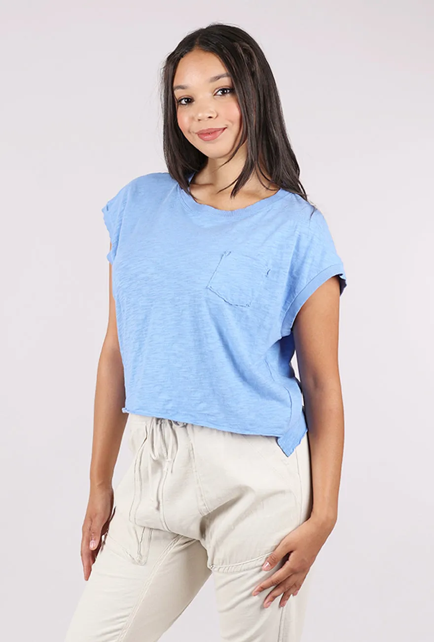 Short Dolman Step Hem Tee, Ocean Stretchable Material