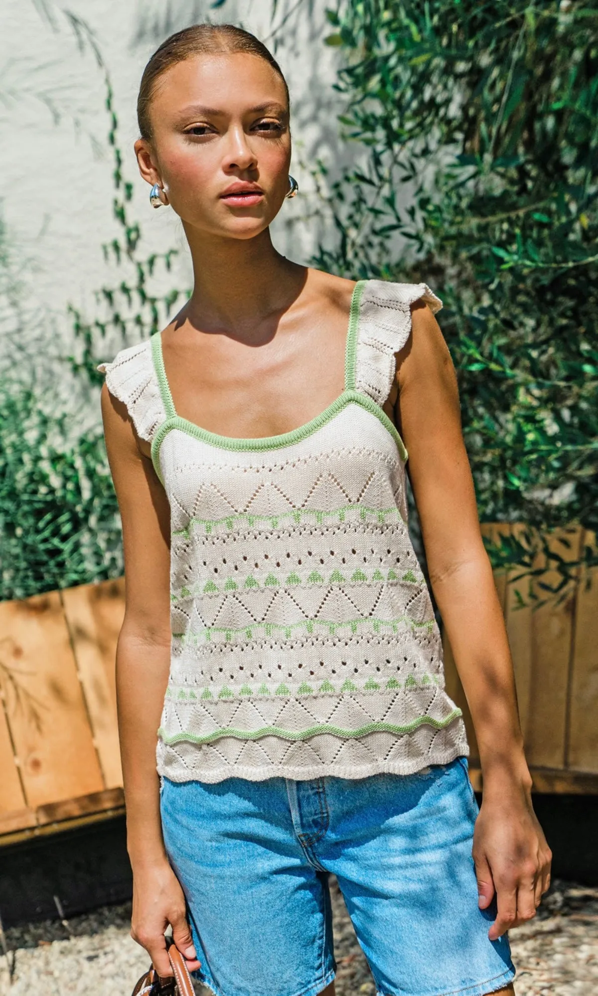 Simple Elegance Daisy Flutter Sleeve Pointelle Sweater Top