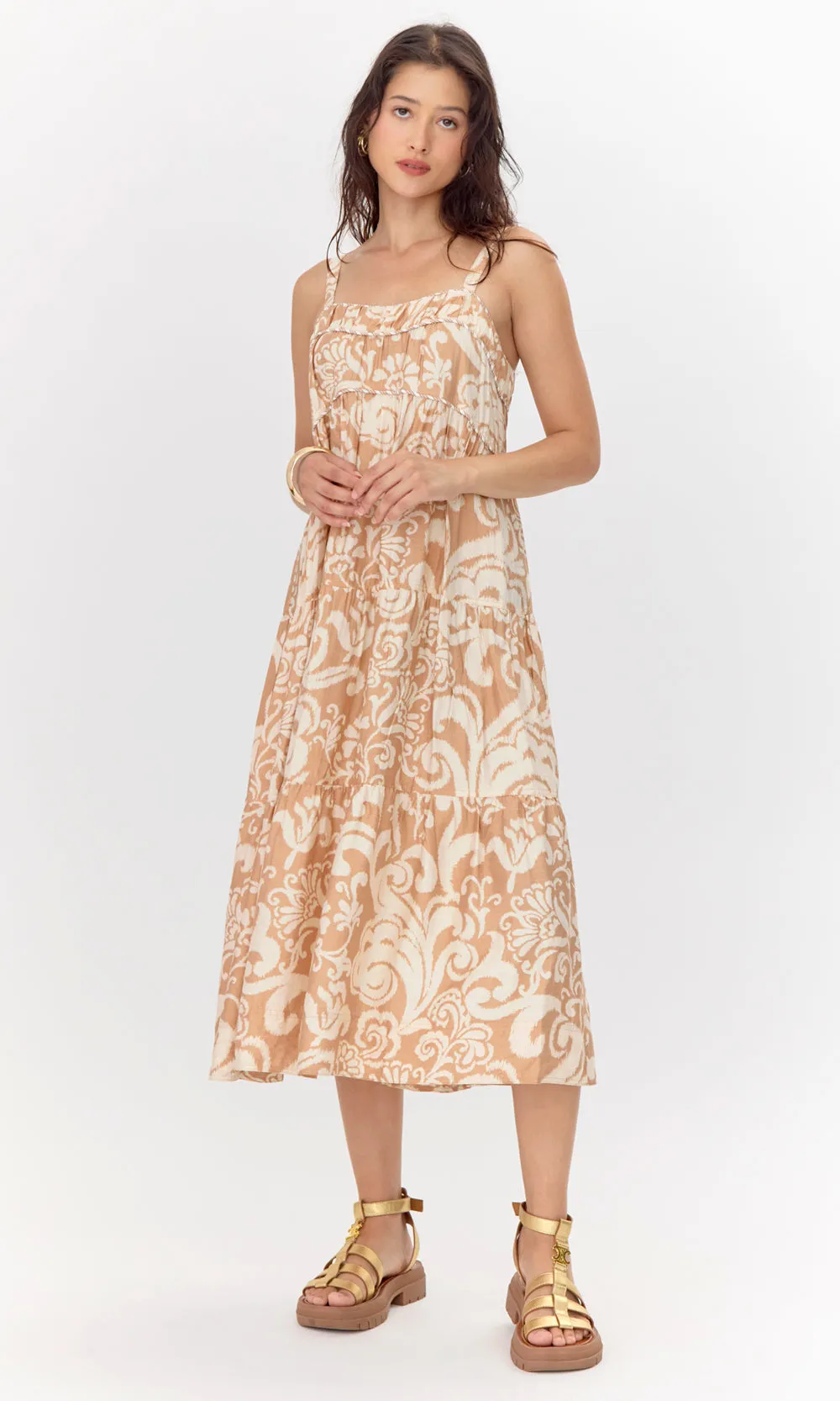 Sita Print Tiered Midi Dress with Piping Detail Party Ready