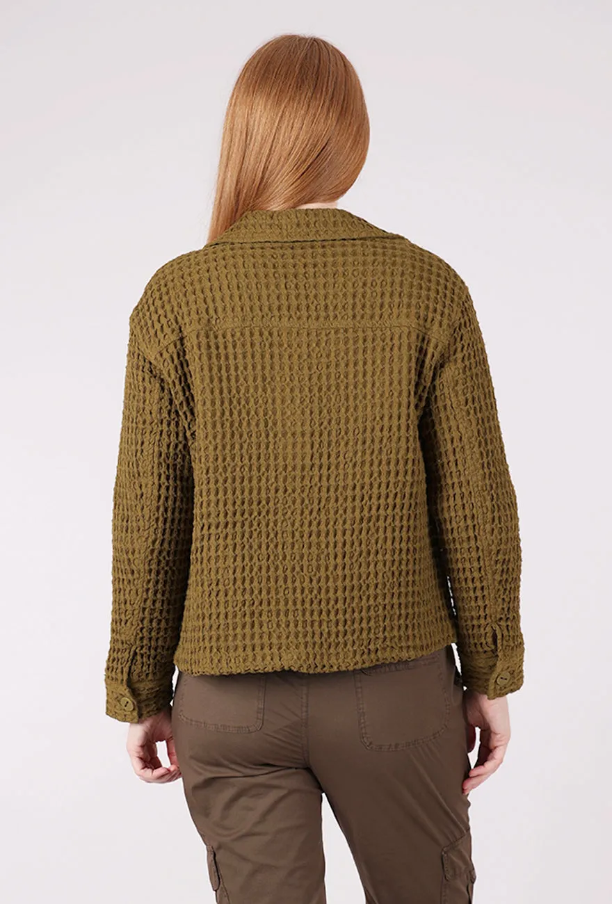 Sleek Comfort Washed Honeycomb Shacket, Avocado