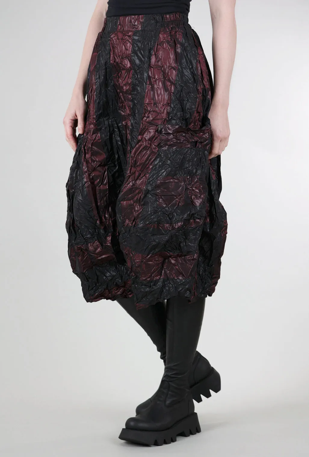 Sleek Detail Crinkle Stripe Skirt, Burgundy/Black