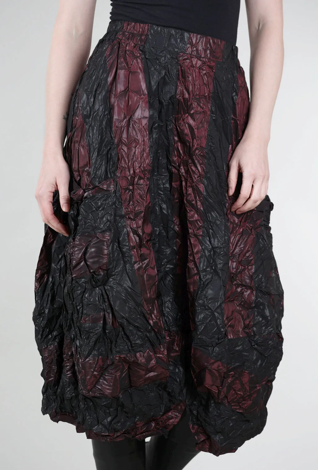 Sleek Detail Crinkle Stripe Skirt, Burgundy/Black