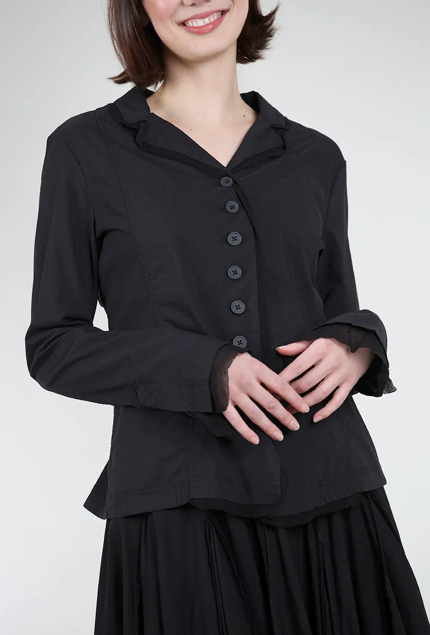 Sleek Motion Cotton Linen Twill Mesh Details Jacket, Black