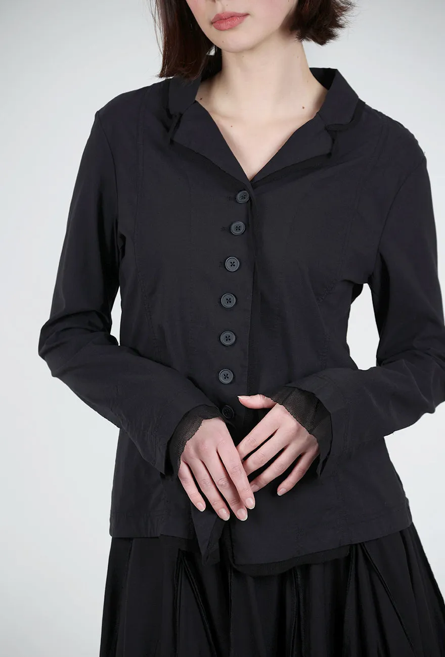 Sleek Motion Cotton Linen Twill Mesh Details Jacket, Black