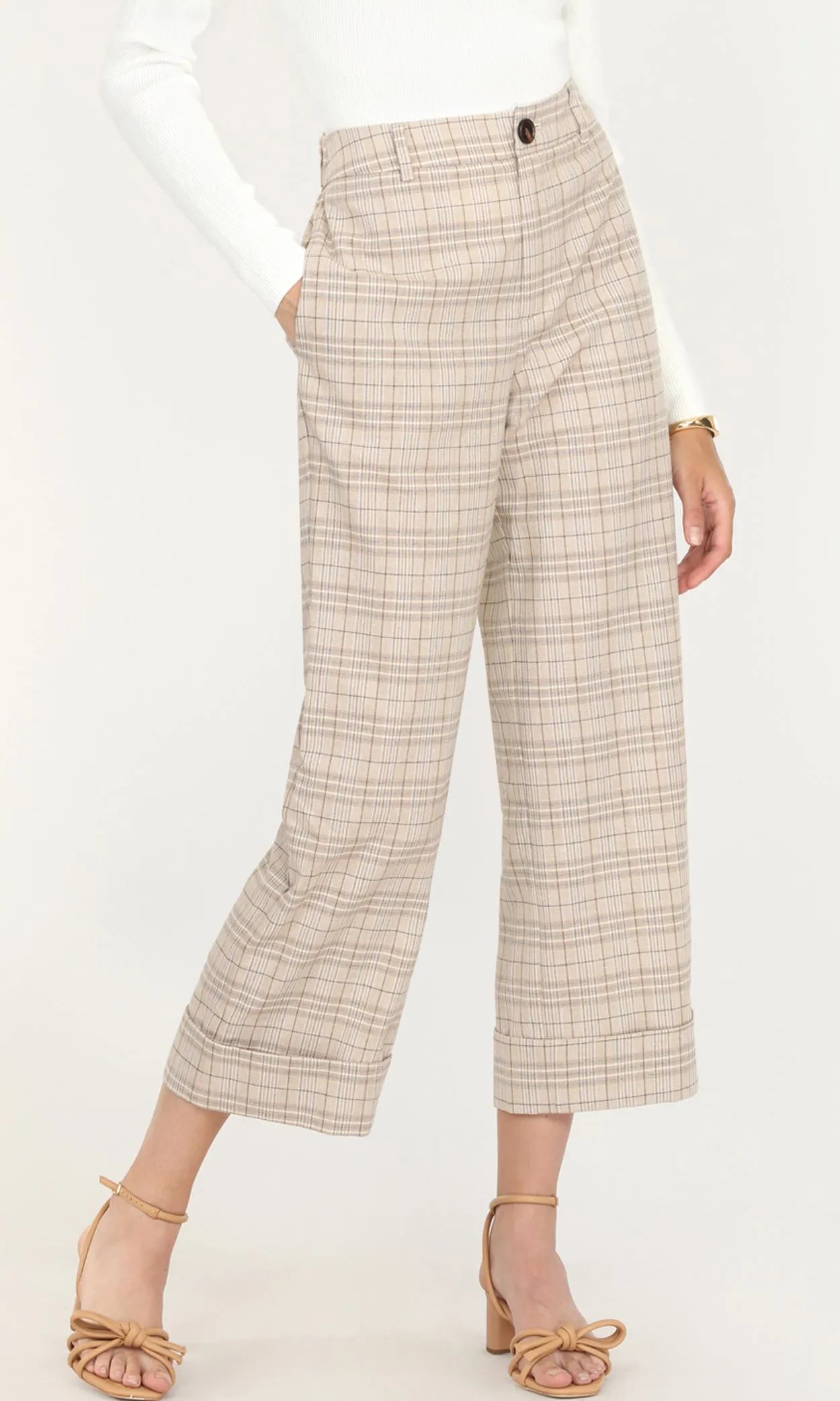 Slim Design Moxie Plaid High Waist Crop Trousers