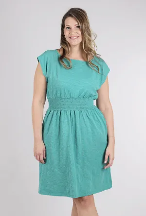 Smocked Waist S/S Dress, Open Water Satin Soft