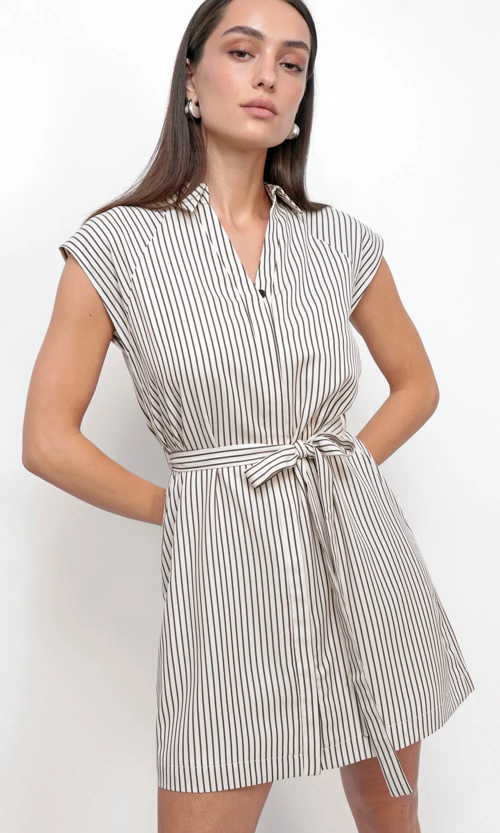 Snider Stripe Shirt Dress Illusion Neckline