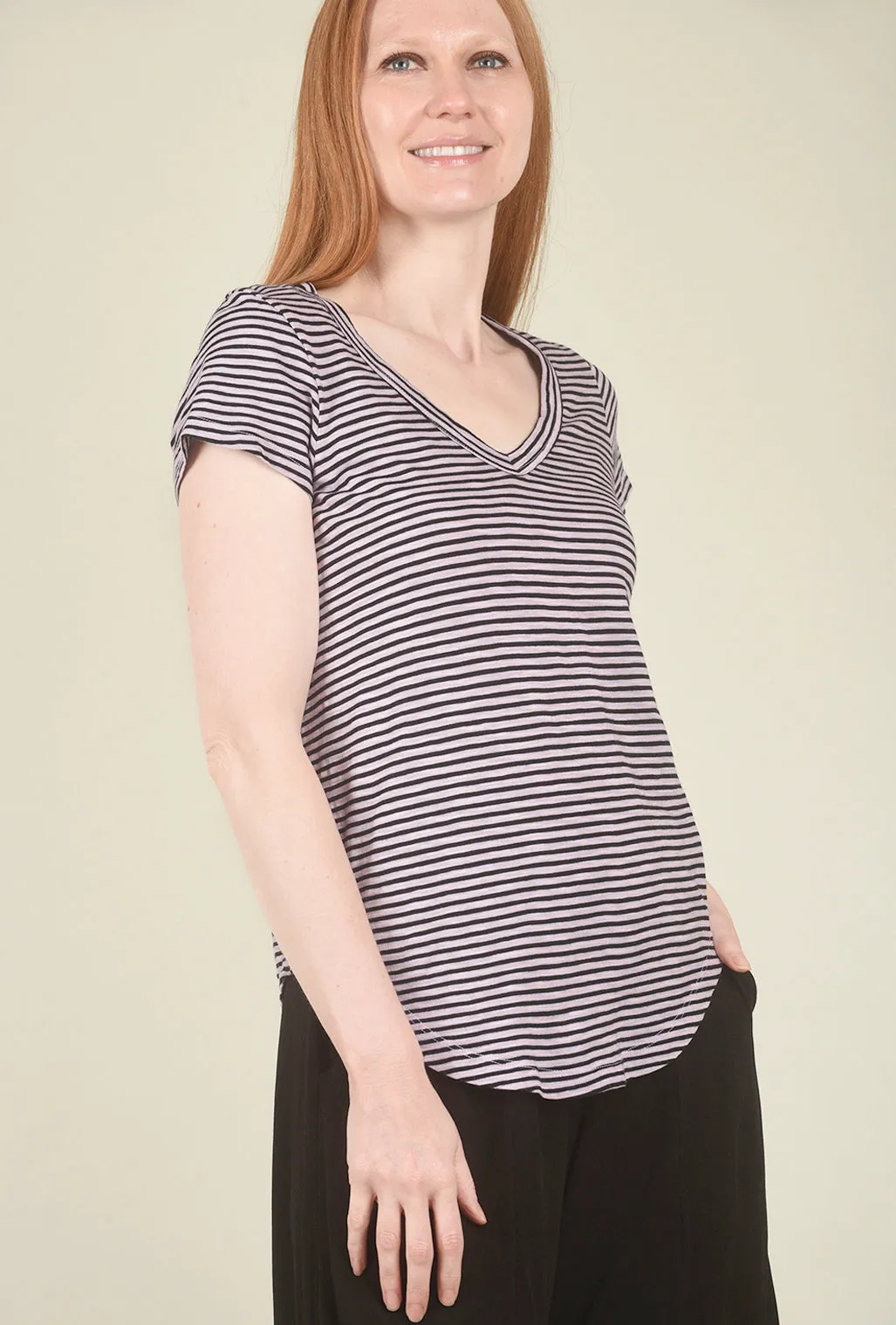 Soft Cotton V-Neck Stripe Shirttail Tee, Mulberry/Black