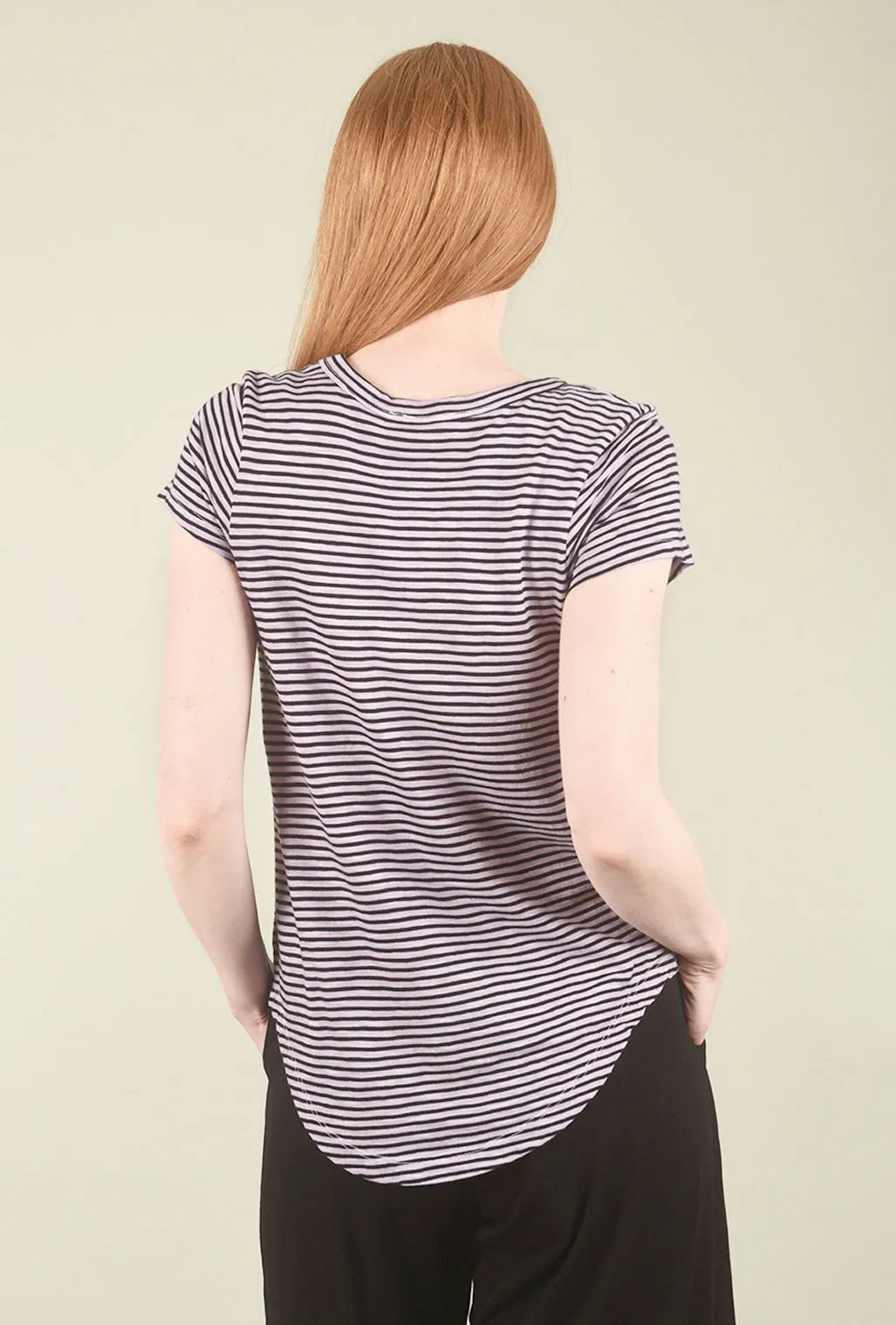 Soft Cotton V-Neck Stripe Shirttail Tee, Mulberry/Black