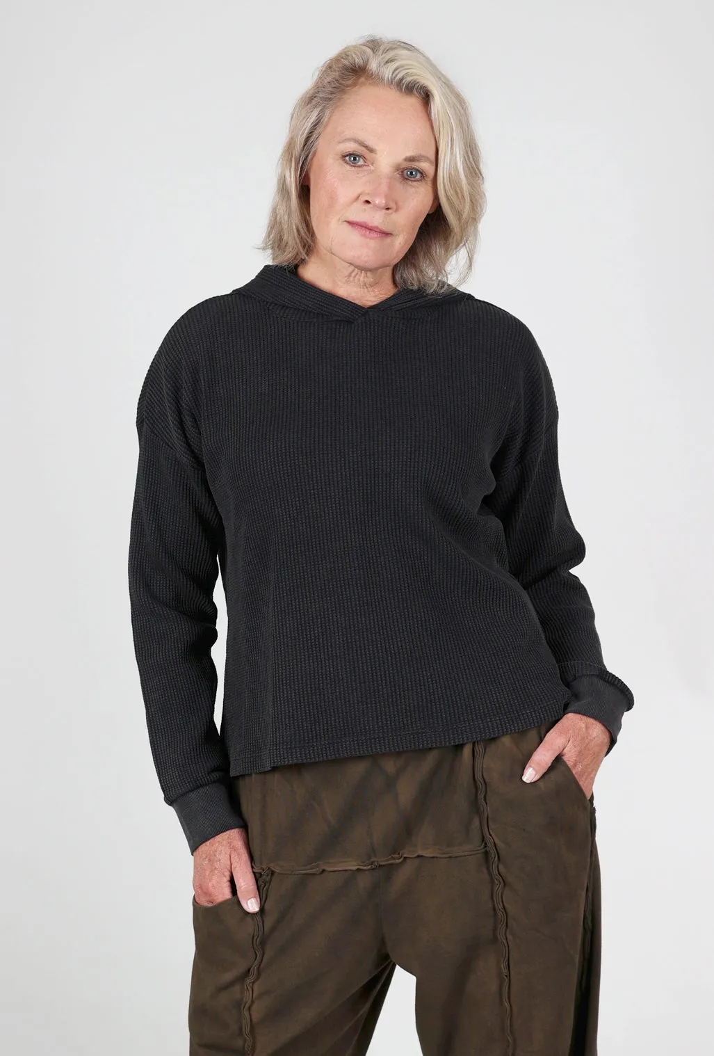 Cropped Waffle Hoodie, Black Striped modernity Women's clothing