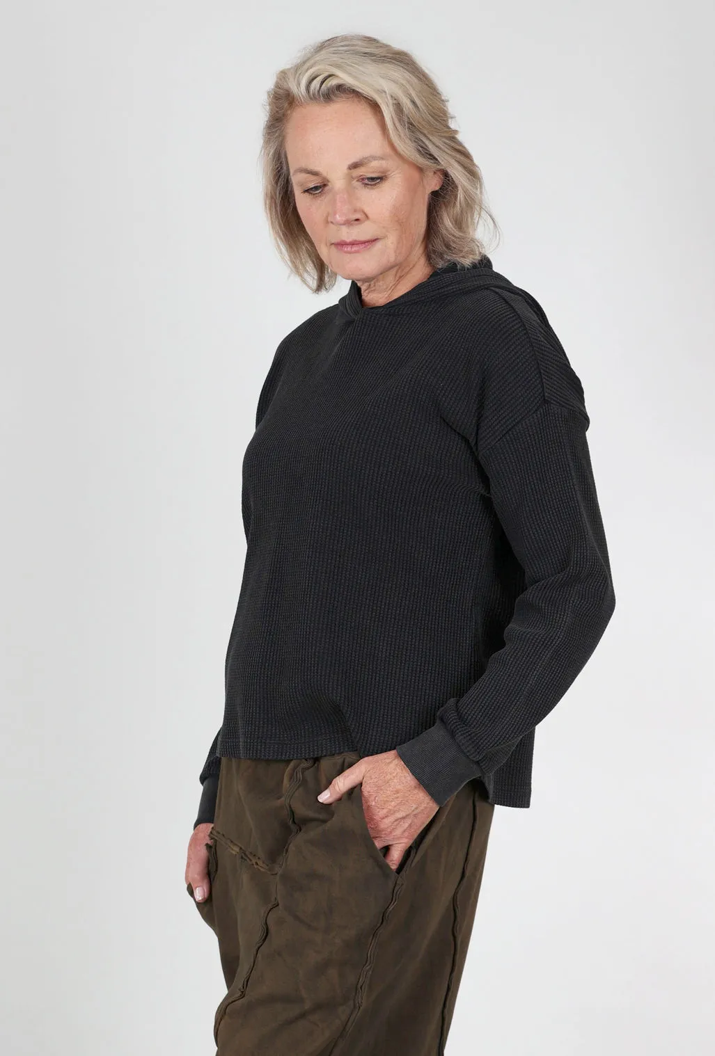 Soft Layer Cropped Waffle Hoodie, Black