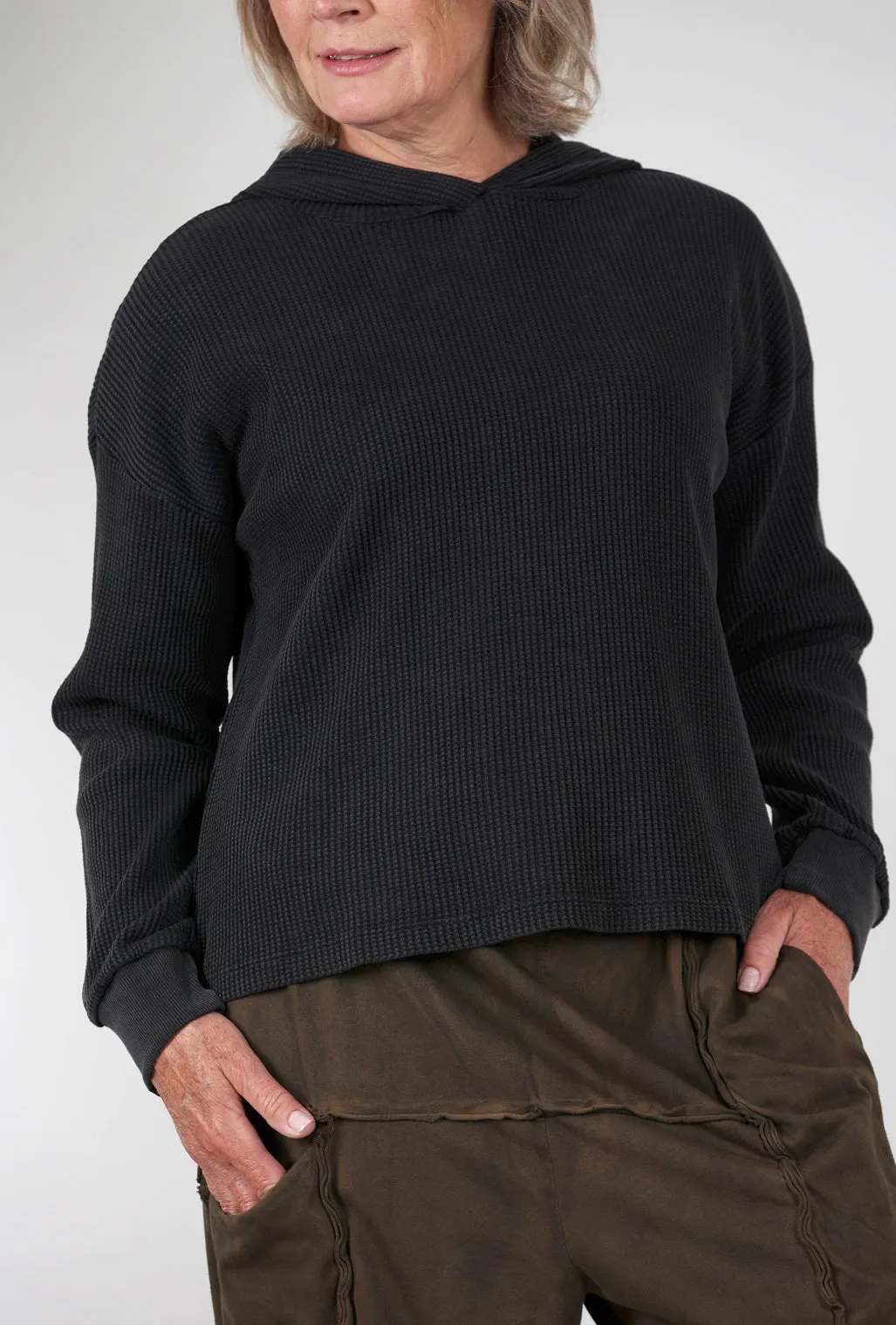 Soft Layer Cropped Waffle Hoodie, Black