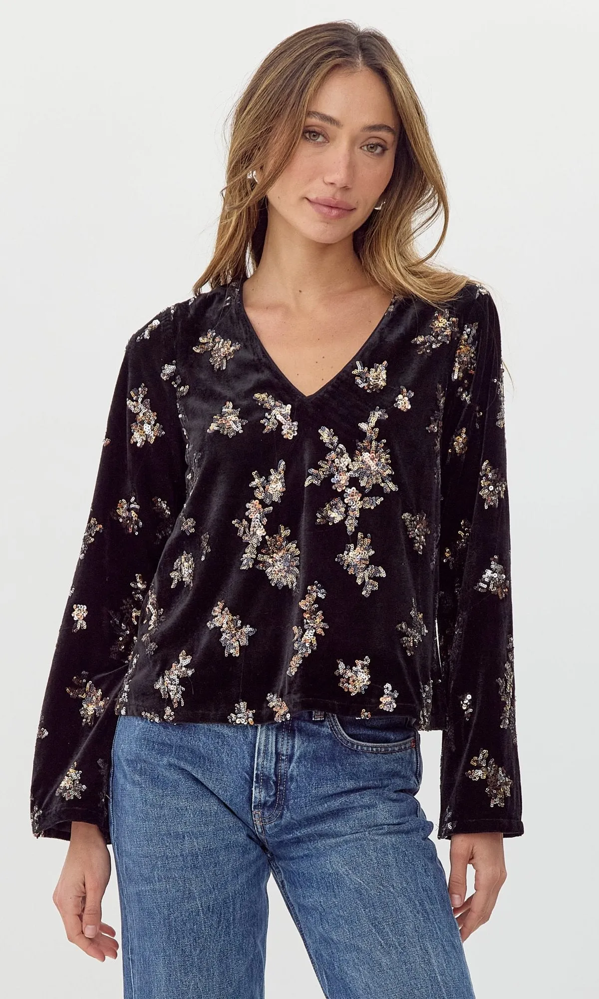 Spring Blooms Lendi Sequined Velvet Blouse w/Tie Back