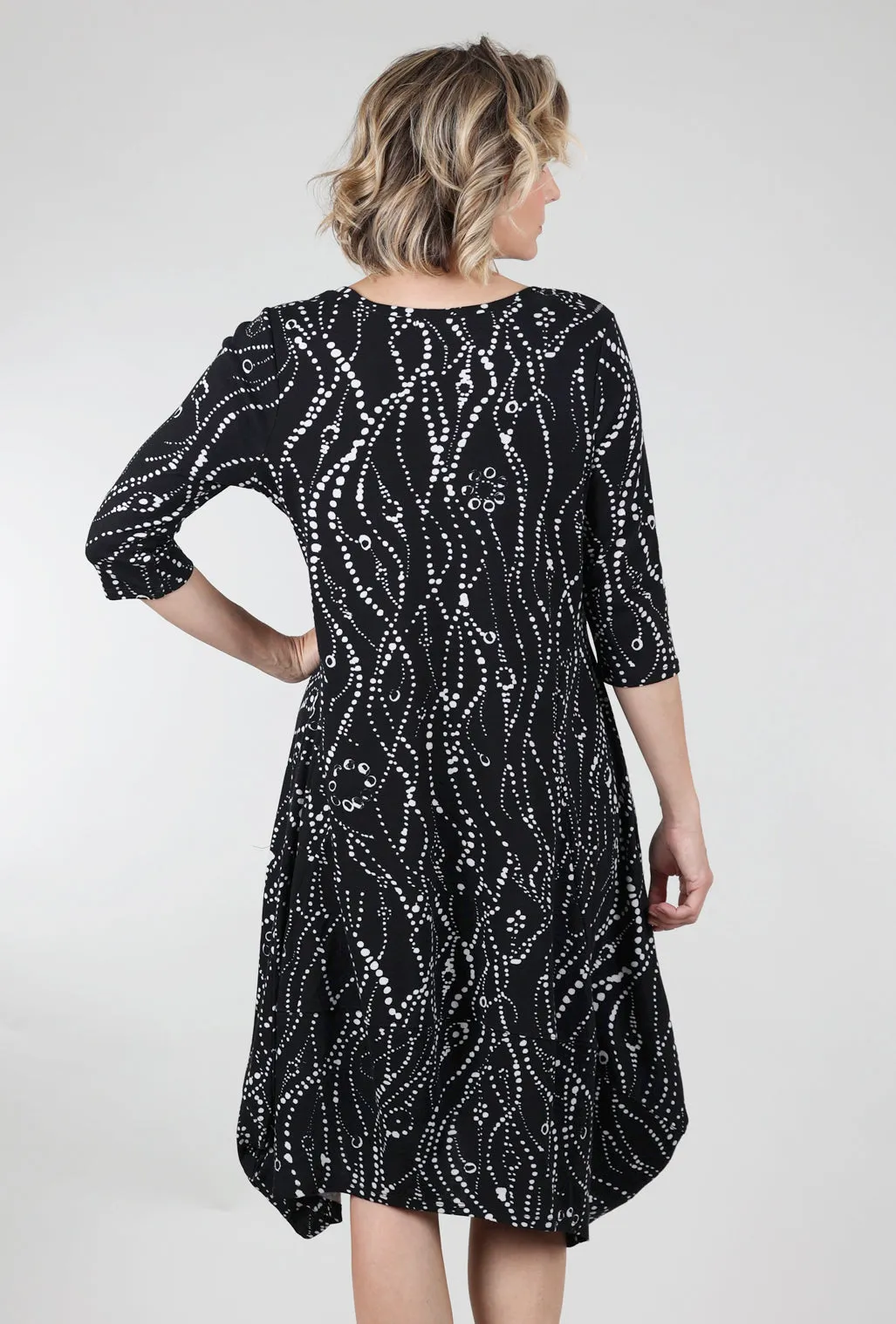 Square Neck Cozy Rib Wavy Dots Artist Dress, Black
