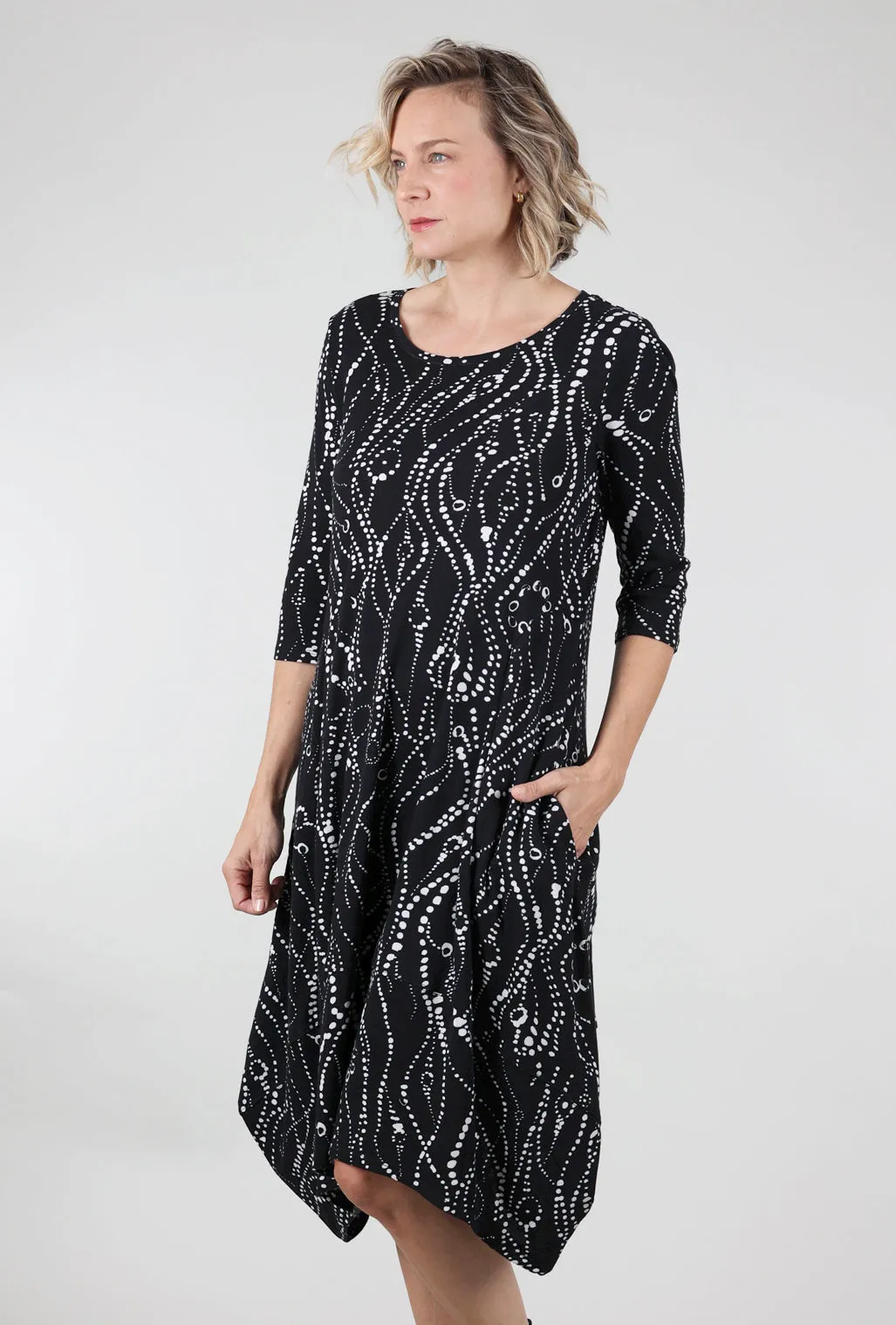 Square Neck Cozy Rib Wavy Dots Artist Dress, Black