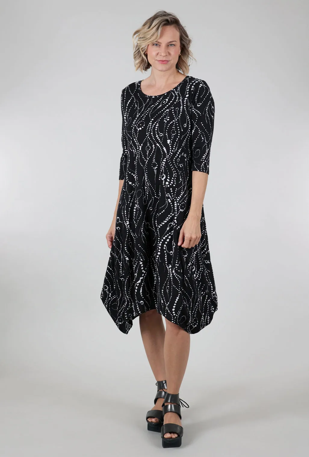 Square Neck Cozy Rib Wavy Dots Artist Dress, Black