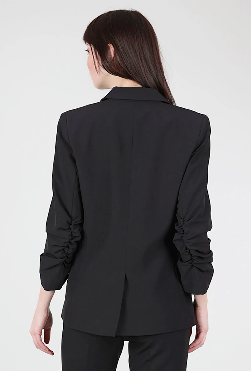 Strappy Style Crepe Ruched-Sleeve Blazer, Black