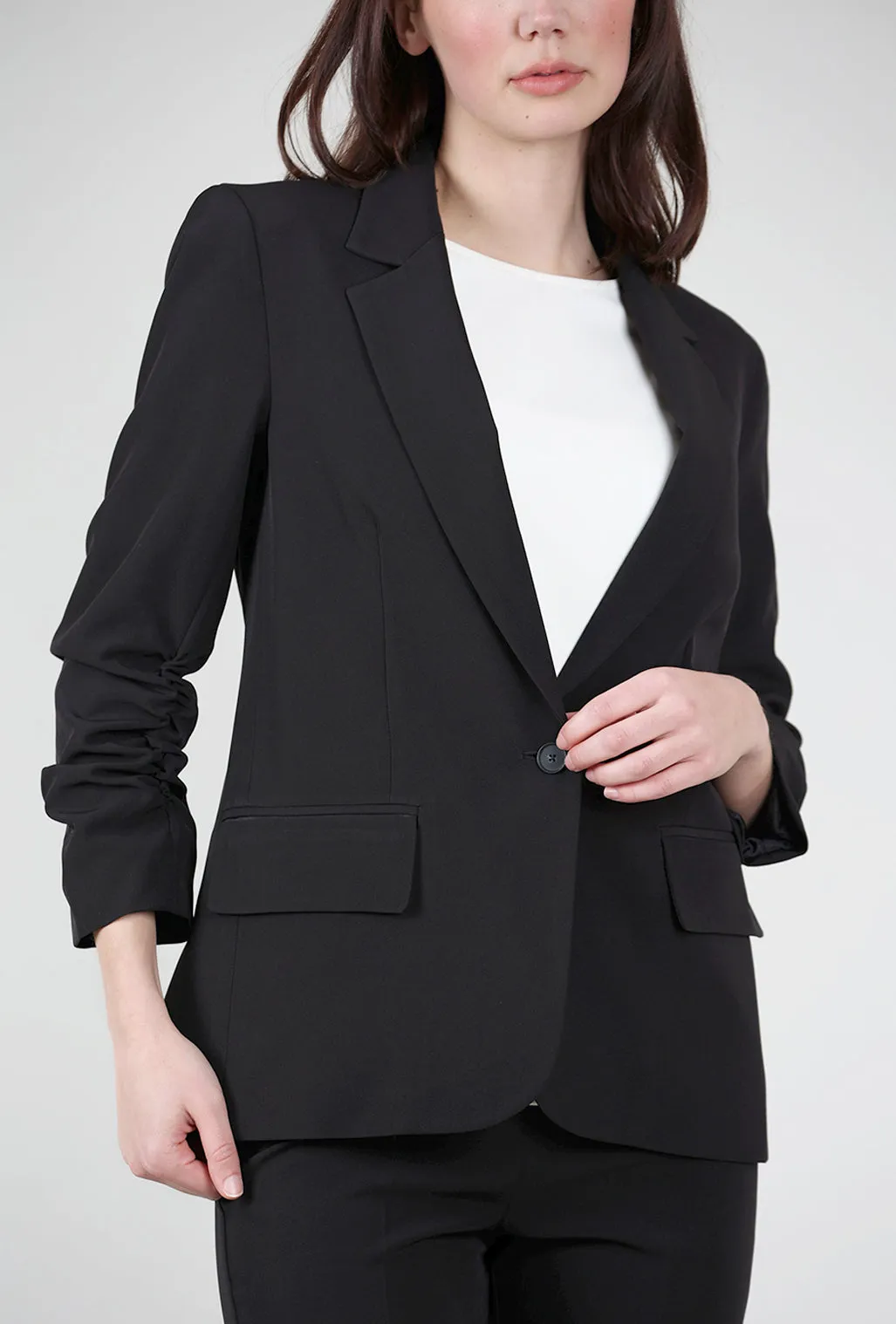 Strappy Style Crepe Ruched-Sleeve Blazer, Black