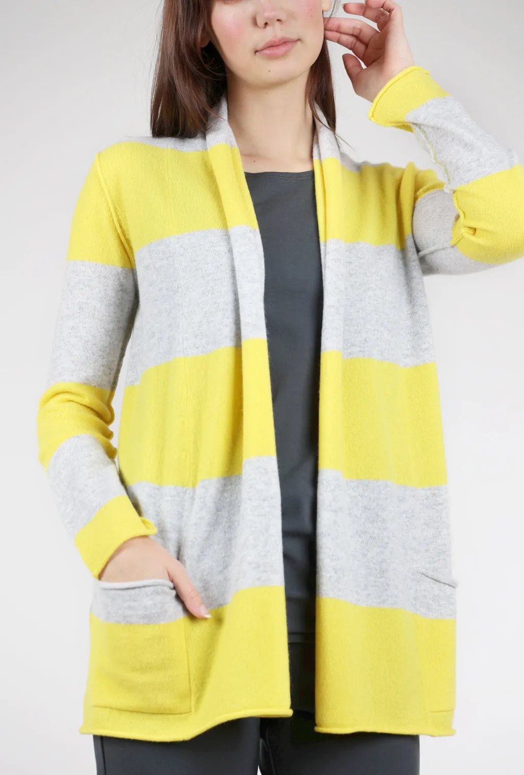Striped Cashmere Open Cardie, Sunshine/Gray Versatile Fashion