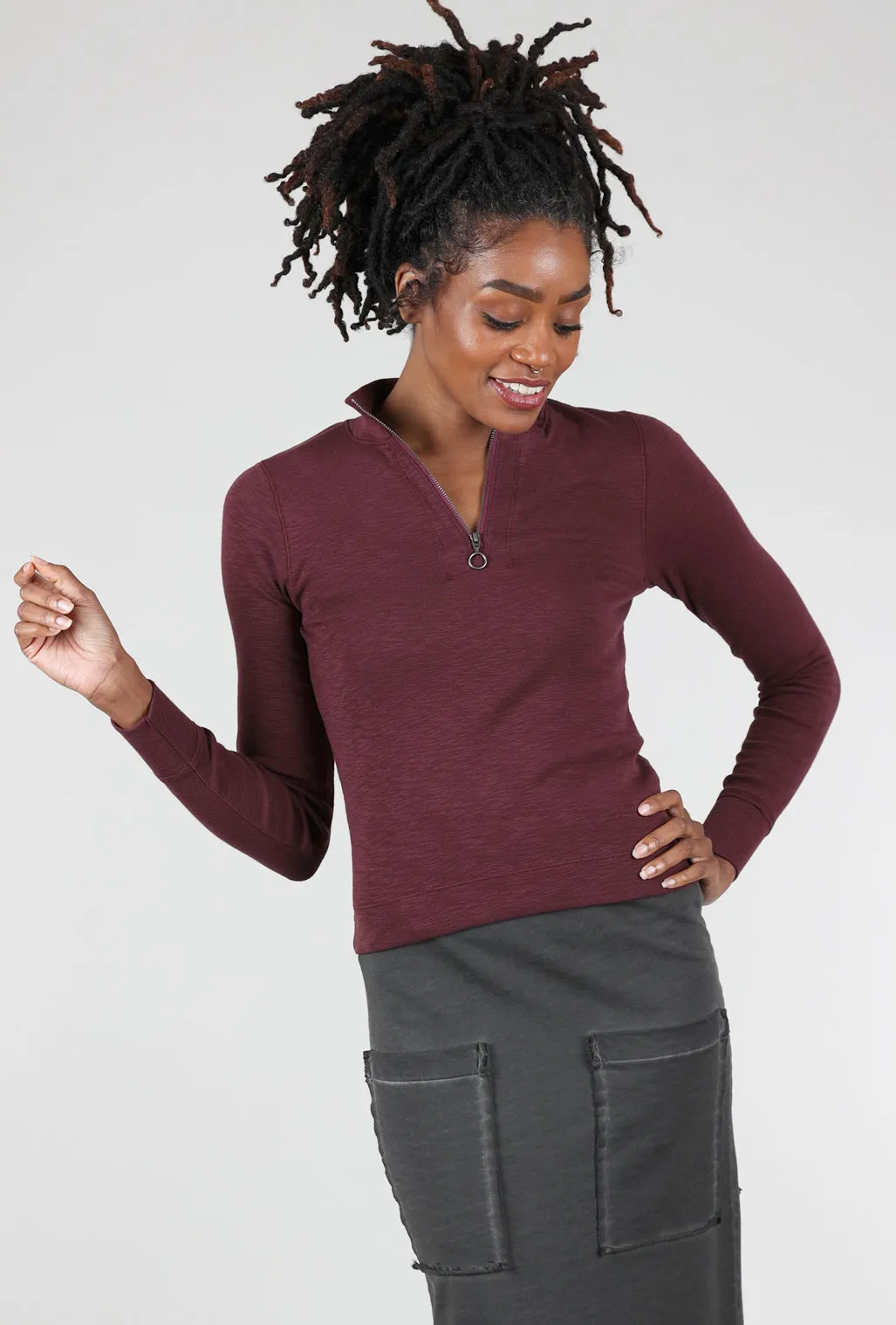Zip-Front Mock Neck Top, Wine literary vibe embroidered decoration