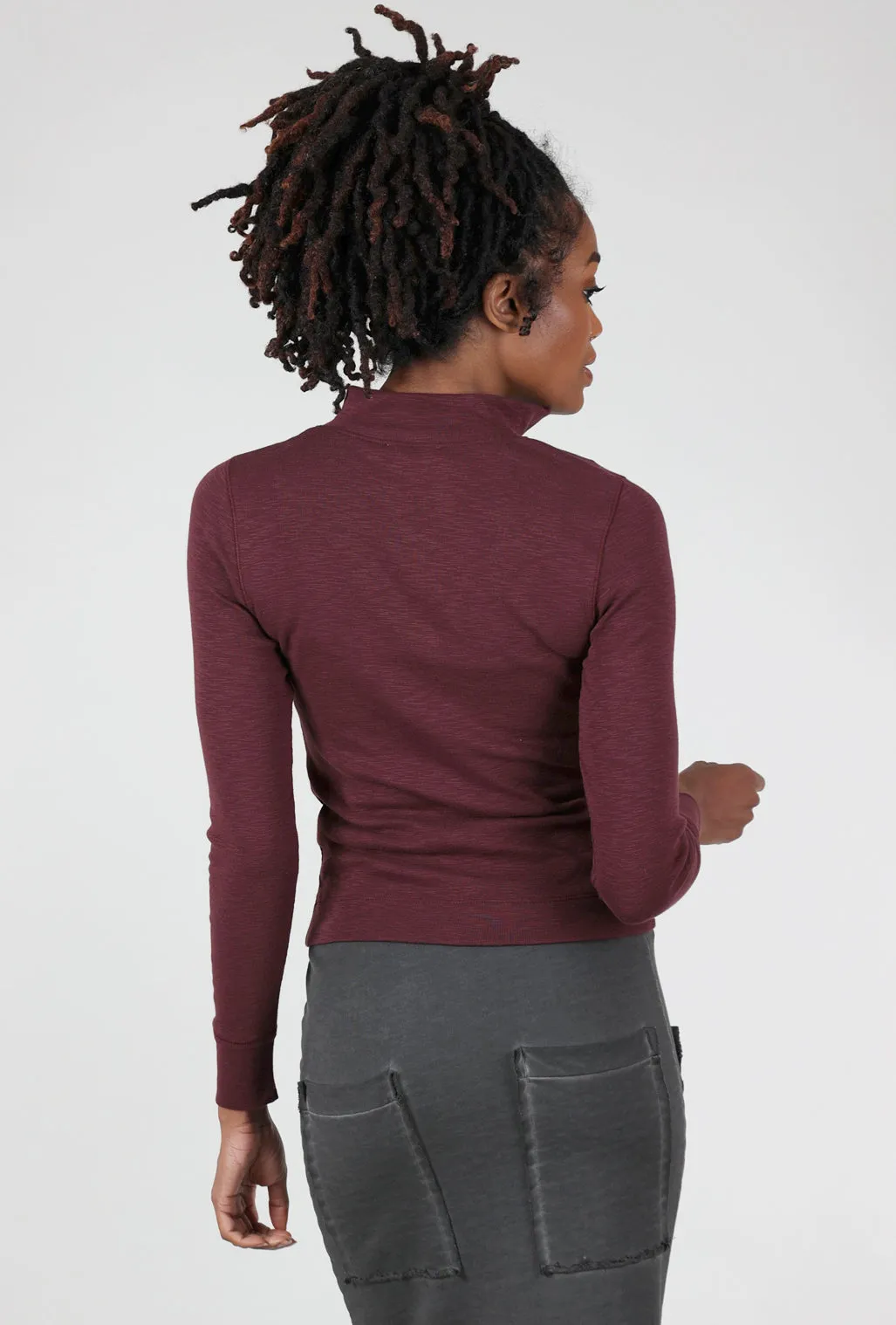 Stylish Ease Zip-Front Mock Neck Top, Wine
