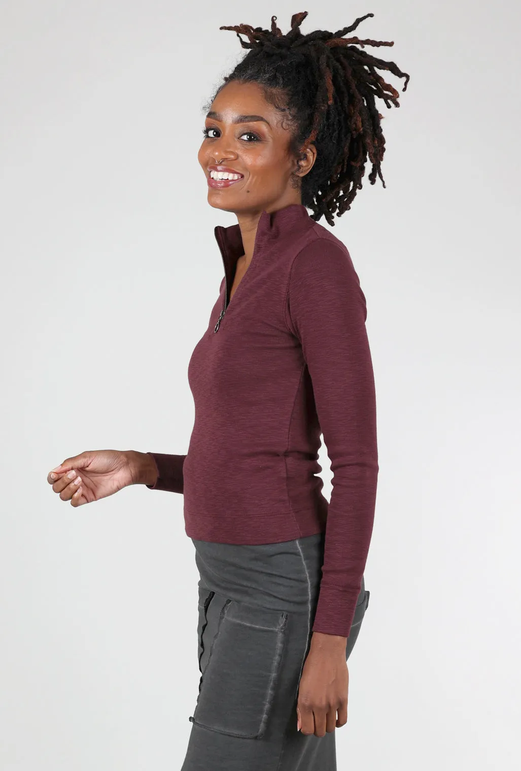 Stylish Ease Zip-Front Mock Neck Top, Wine