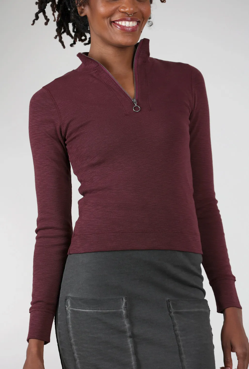 Stylish Ease Zip-Front Mock Neck Top, Wine