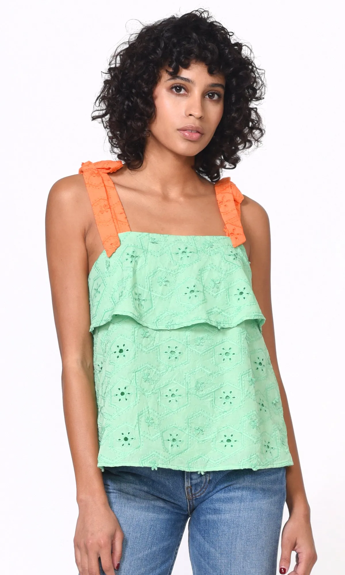 Stylish Fit Pali Embroidered Tie Shoulder Top