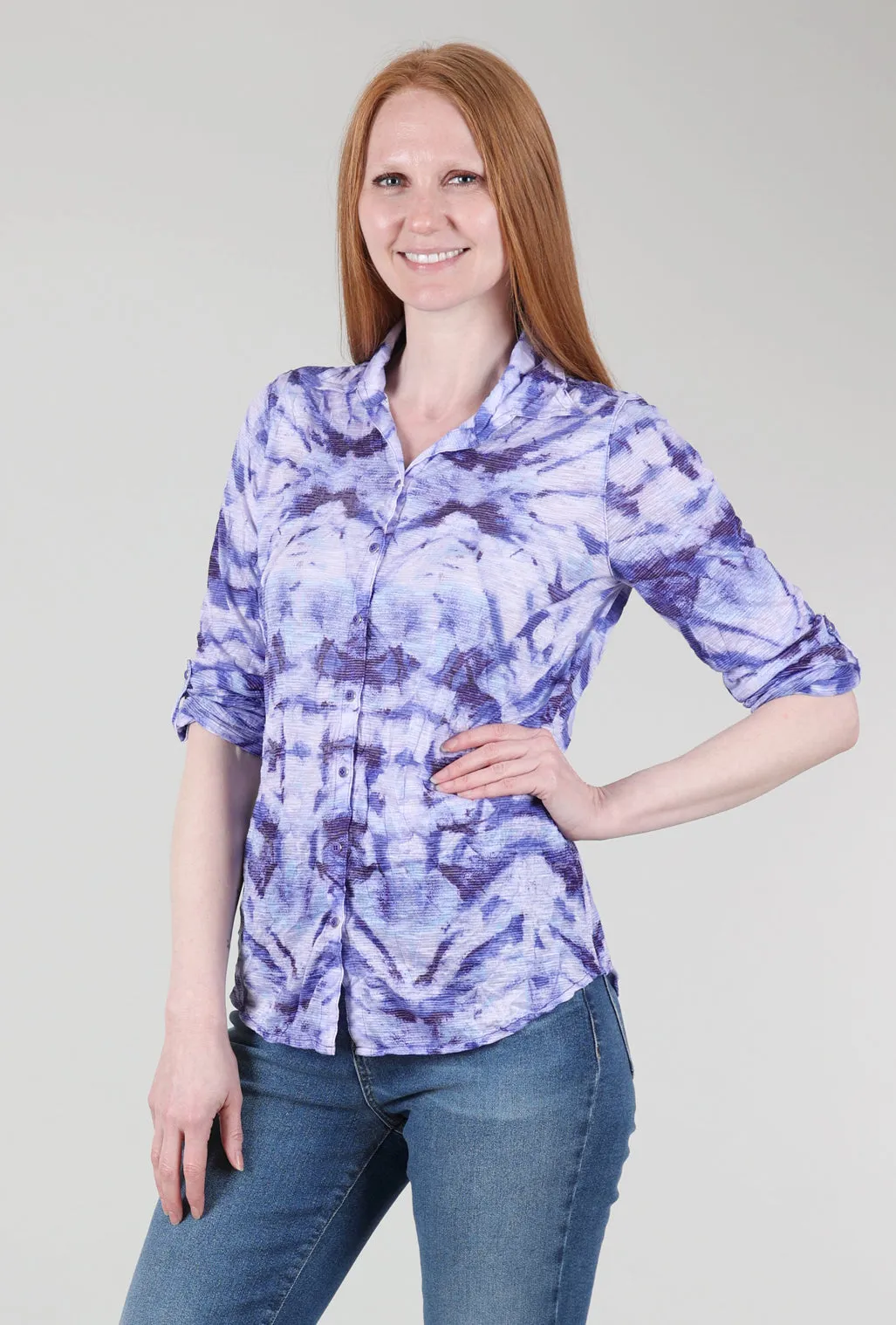 stylish outfits Roll-Up Sleeve Crinkle Shirt, Wave Print