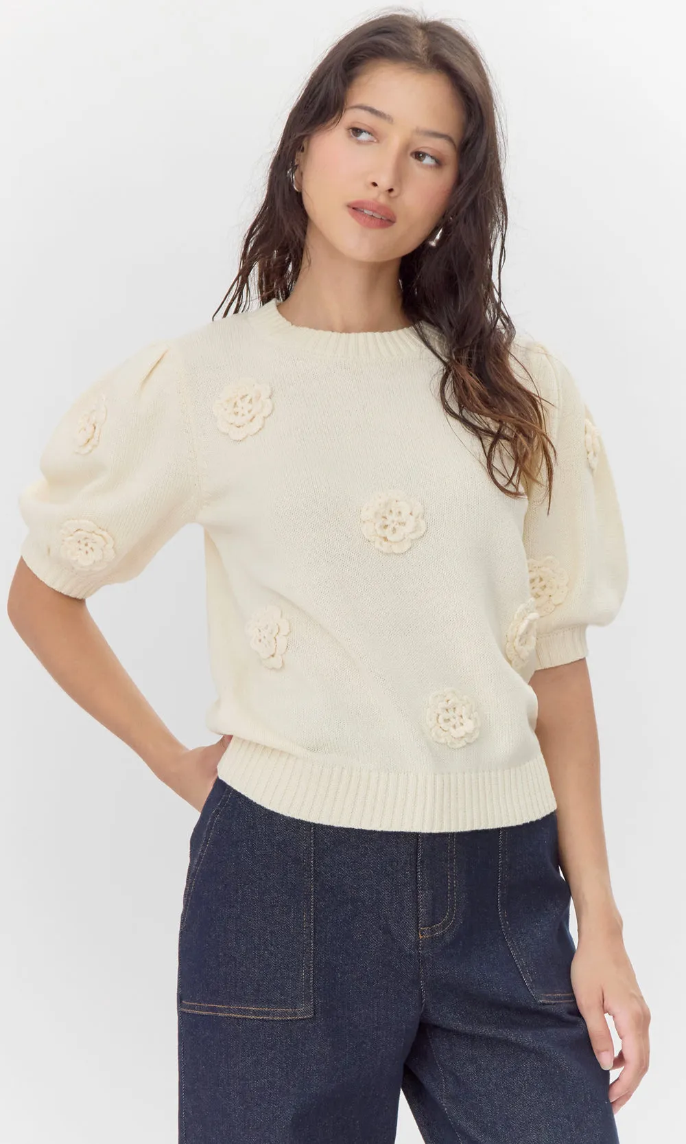Stylish pattern and stylish design Bria Rosette Puff Sleeve Sweater