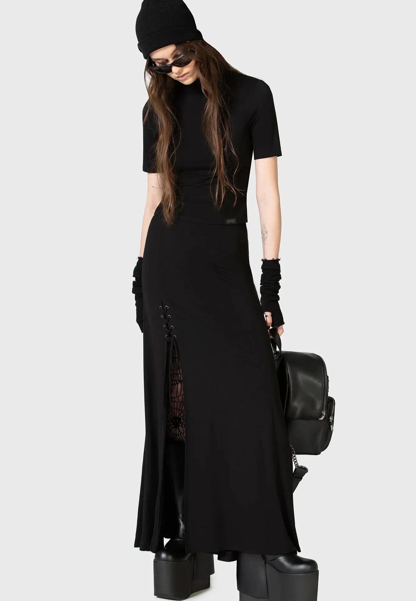 Knee Length Hemp Blend Killstar x Kihilist - Secretly Weep Maxi Black - Skirt