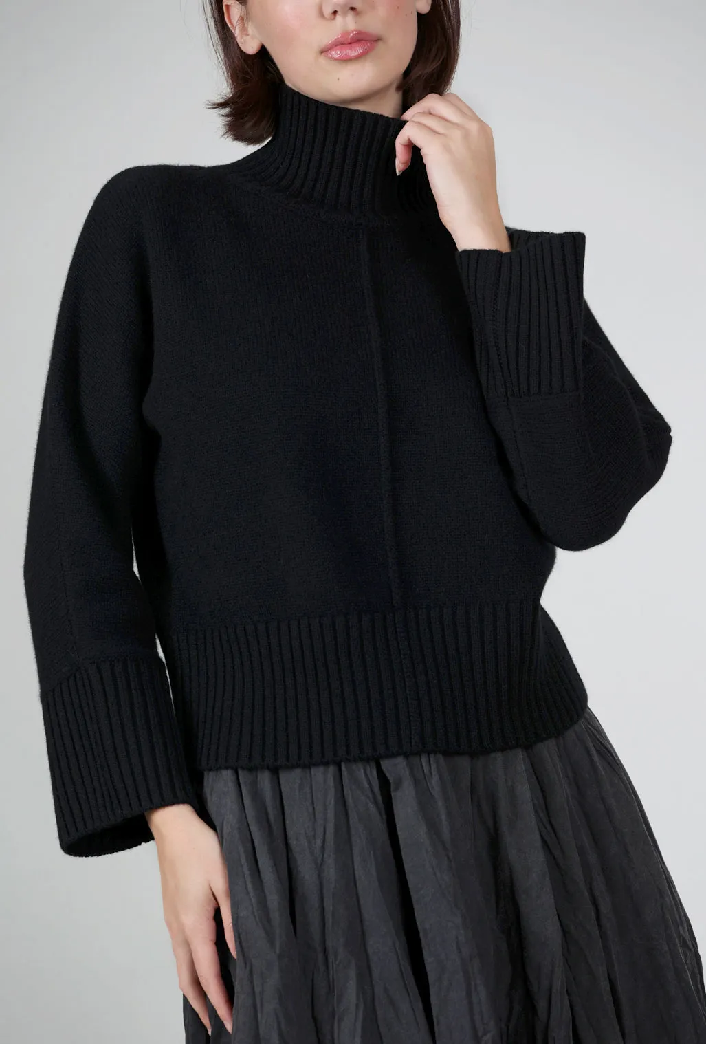 Summer AC Luxe Cashmere Rib Trim Mockneck, Black