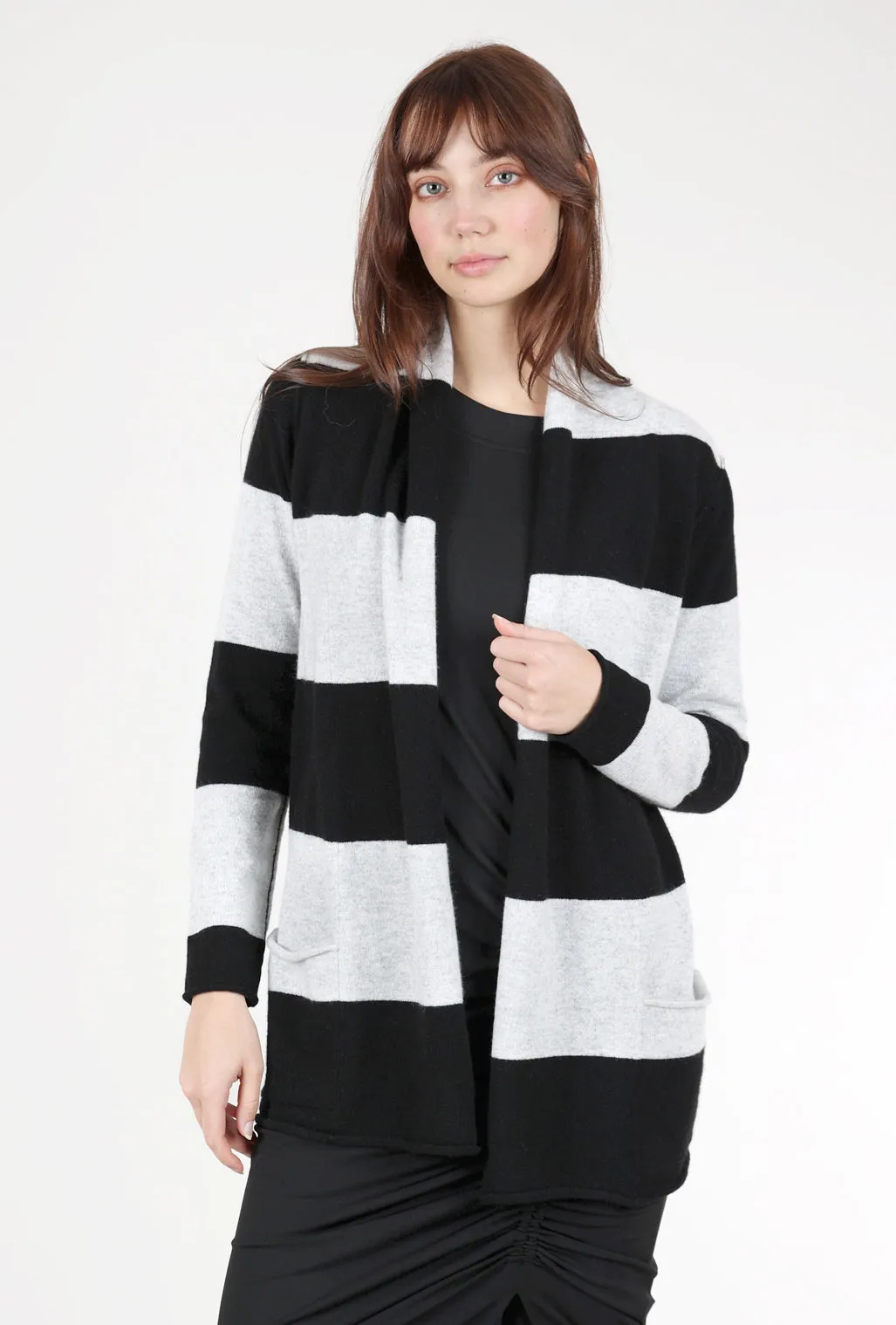 Striped Cashmere Open Cardie, Black/Gray On-The-Go Street Layer
