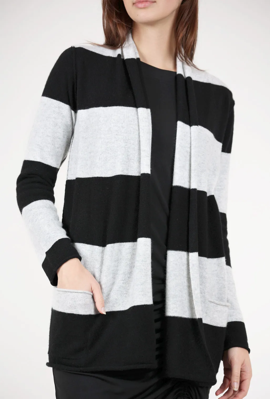 Sunday Vibe Striped Cashmere Open Cardie, Black/Gray