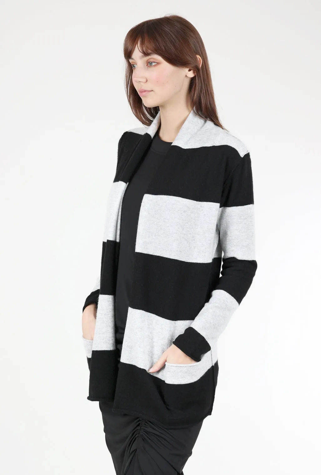 Sunday Vibe Striped Cashmere Open Cardie, Black/Gray