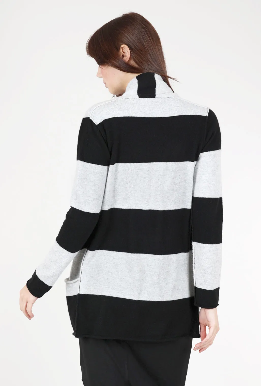 Sunday Vibe Striped Cashmere Open Cardie, Black/Gray