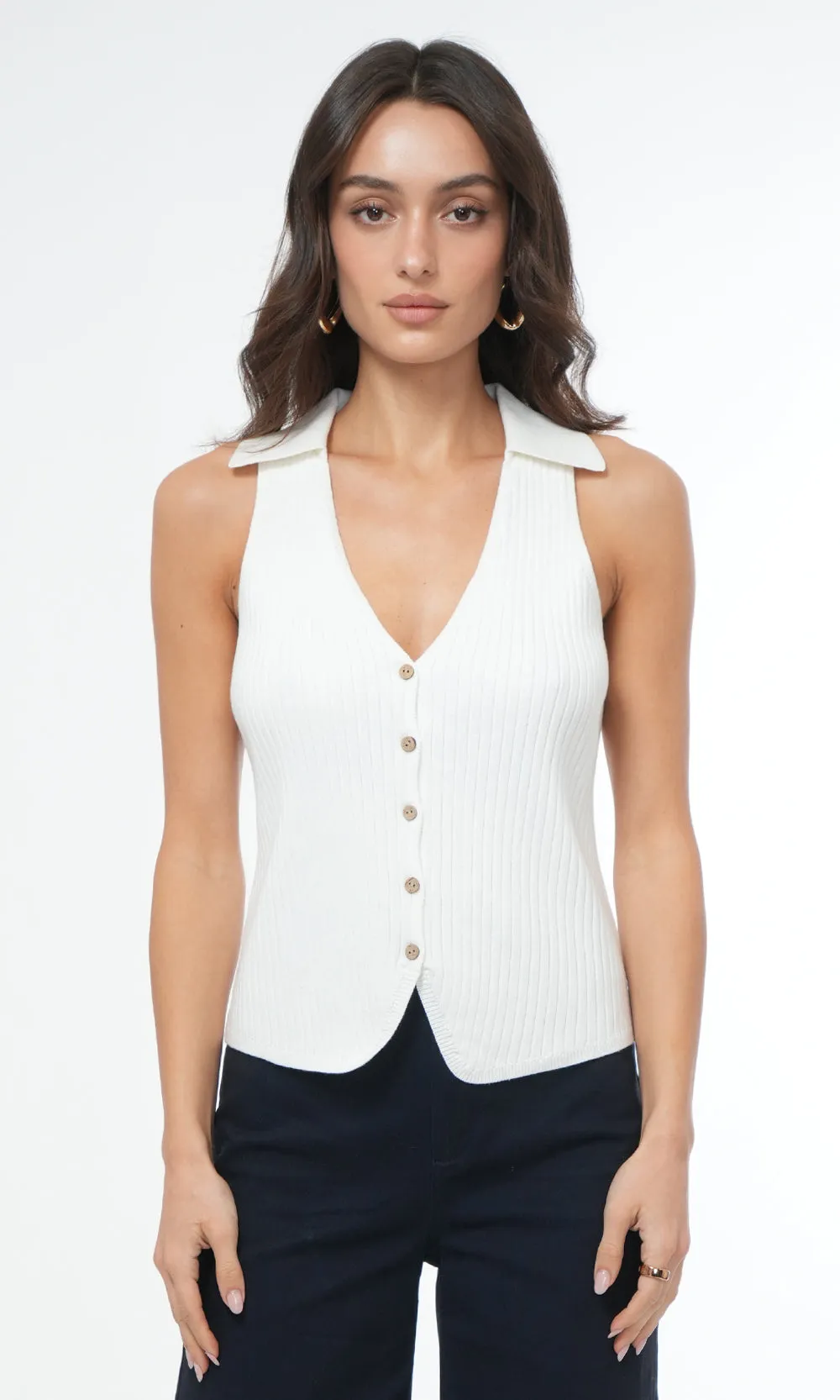 Tatiana Button Front Collared Knit Vest Effortless Look
