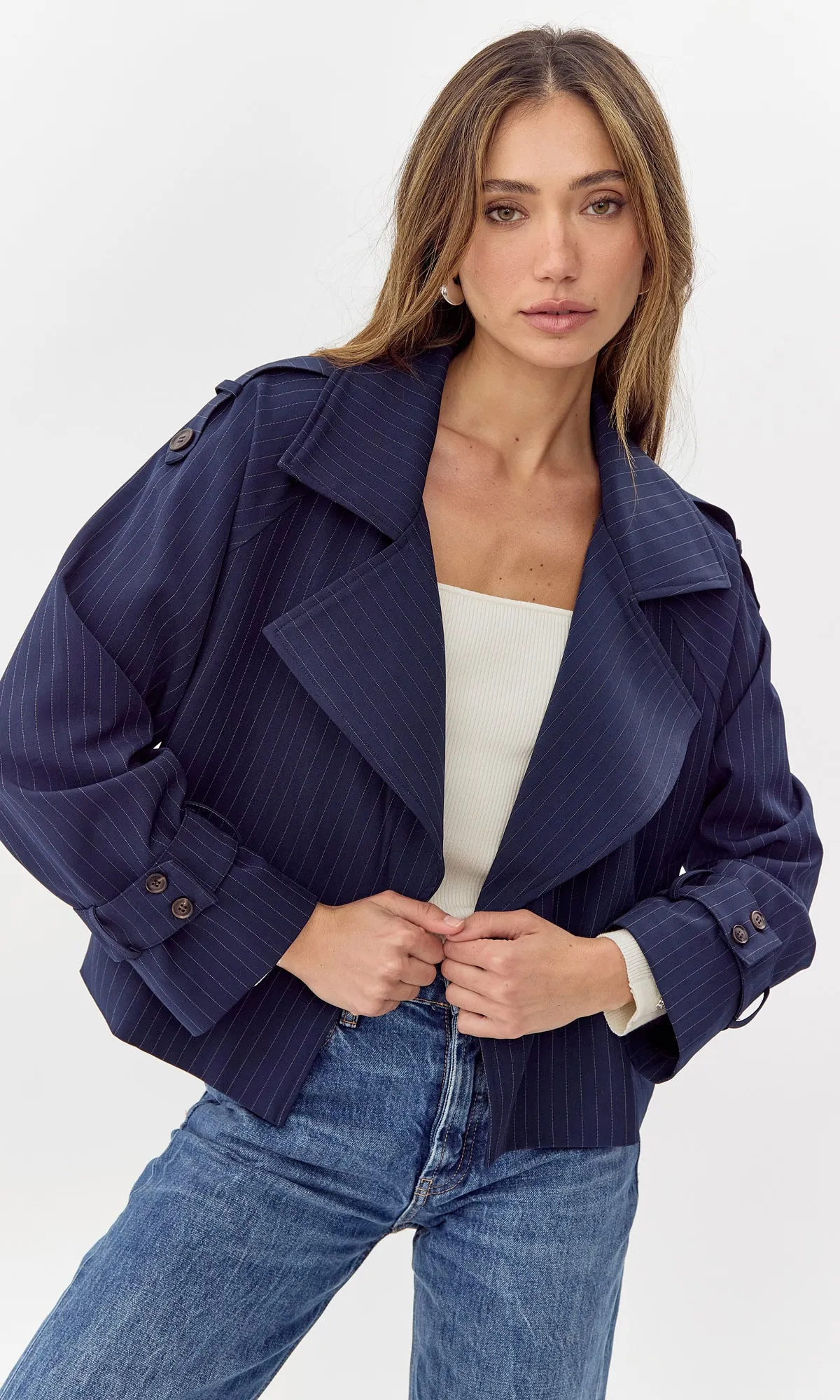 Tessa Pinstripe Cropped Trench Coat Wind Chill Guard