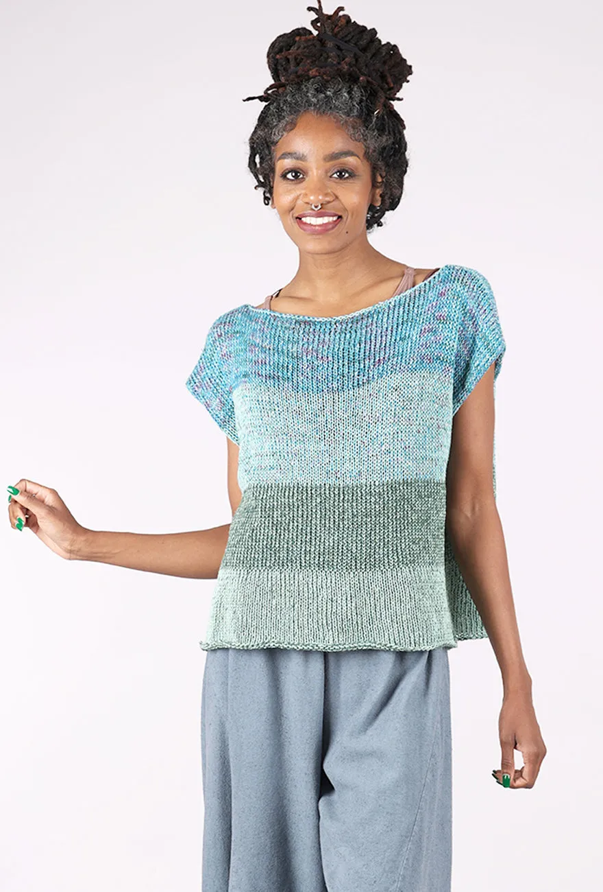 Casual wool knitwear Stylish wool piece Mossy Silk-Linen Hand-Knit Sweater Vest, Aqua Mix